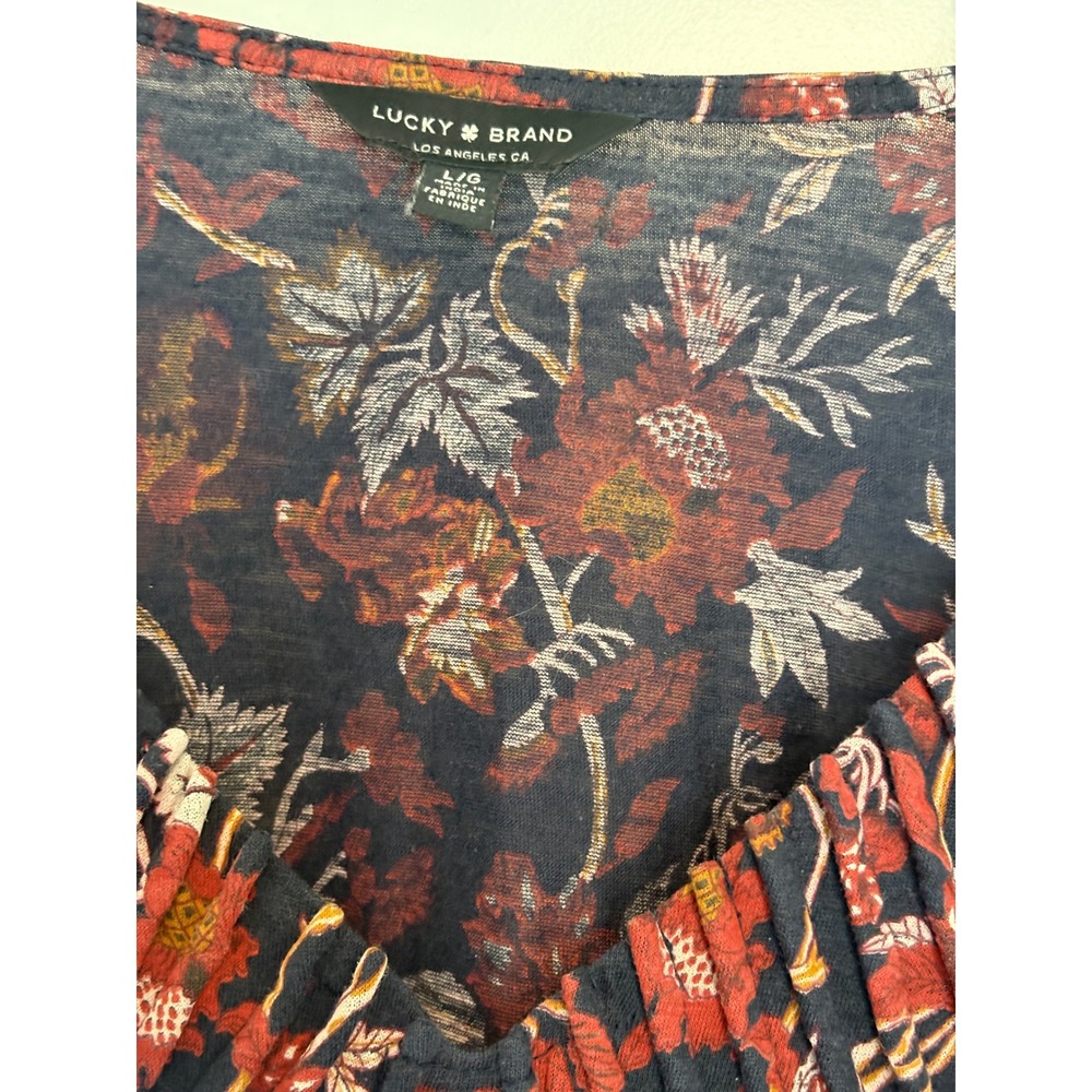 Lucky Brand Women Red Navy Floral Pleated V-Neck 3/4 Sleeve Cotton Modal Top L - Picture 6 of 11
